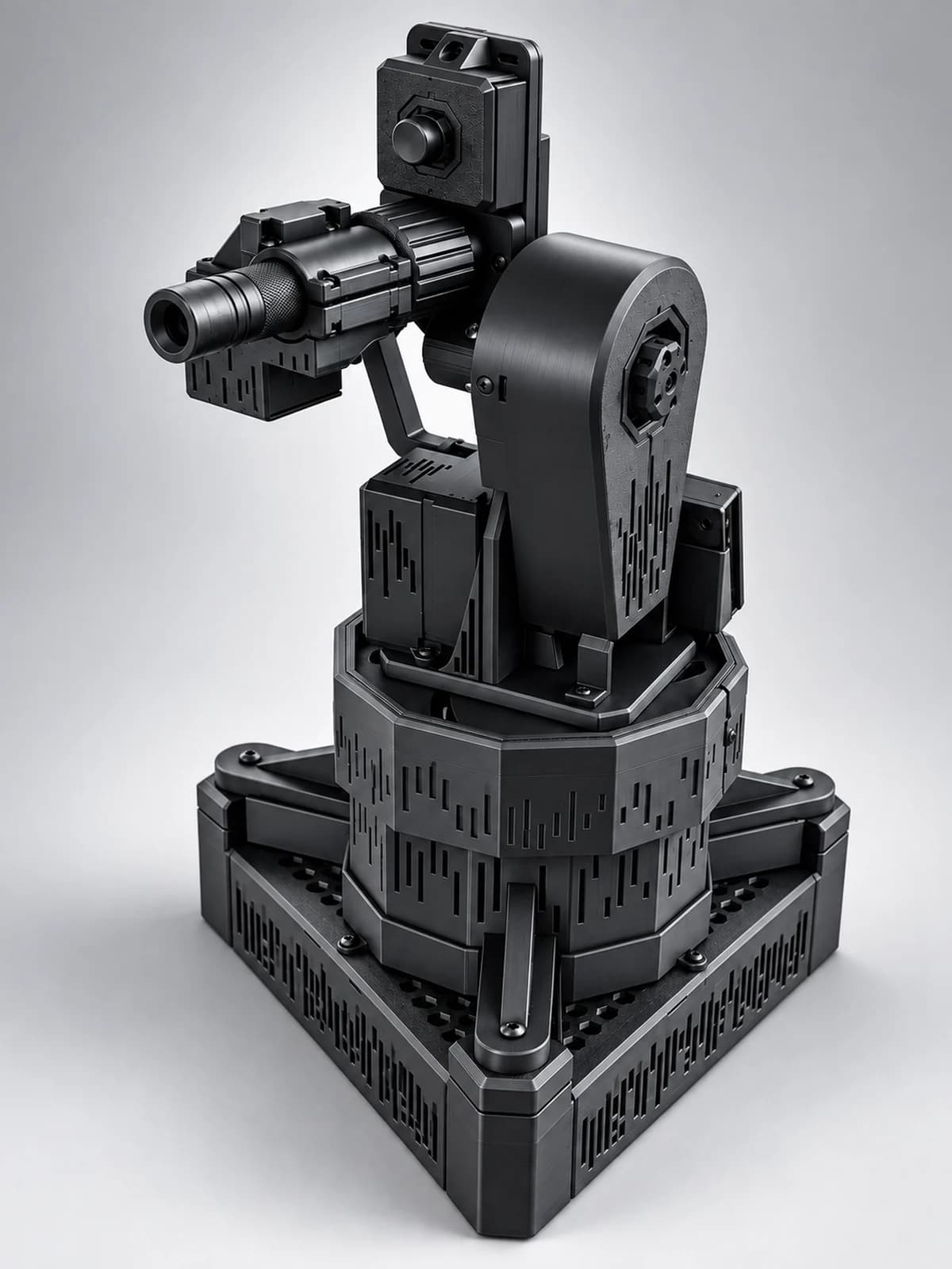 A render of the final build: the camera on top of the head, the laser pointer beside it, the tilt cover with its octagonal hub, the faceted drum and the triangular base.